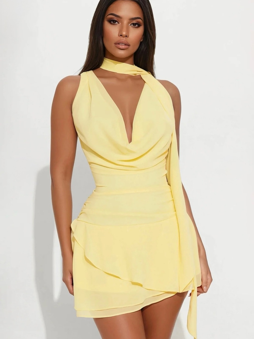 Fashion Nova Yellow Halter Draped Mini Dress